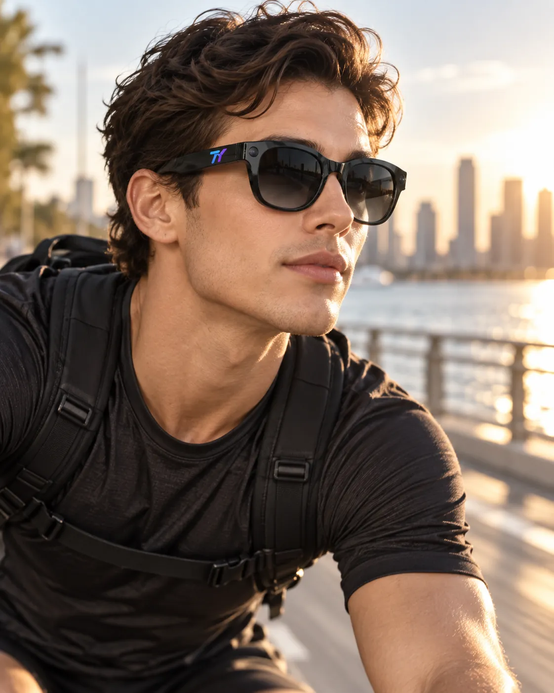 Man wearing TY everyday AI glasses near the water