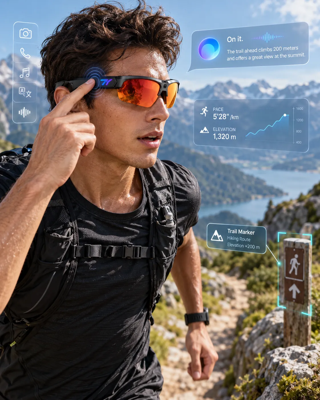 Man wearing TY Motion AI glasses while hiking