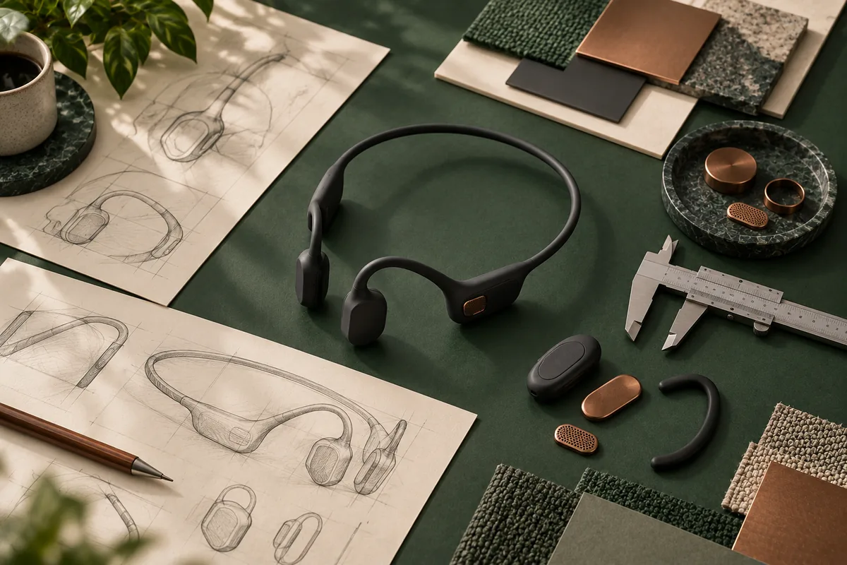 Open-ear headset prototype surrounded by design sketches and materials