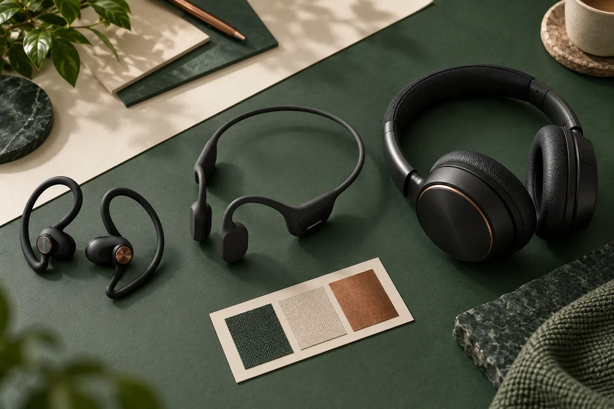 Open-ear, bone-conduction and over-ear headphones arranged for comparison