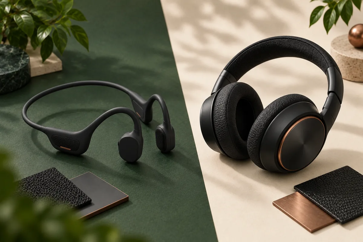 Open-ear and over-ear headphones displayed side by side