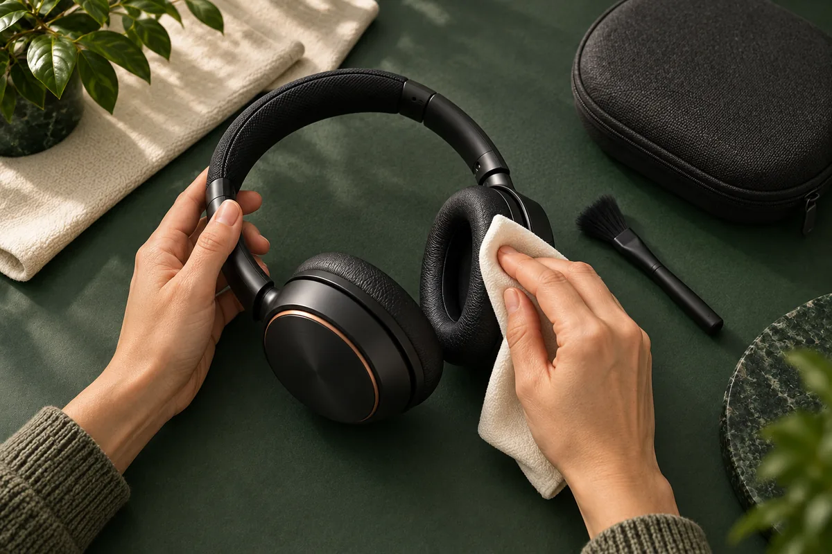 Hands cleaning the ear cushion of an over-ear headphone
