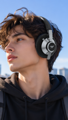 Model wearing TY Hybrid ANC Business headphones indoors