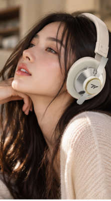 Model wearing ivory TY Hybrid ANC Business headphones in a warm interior