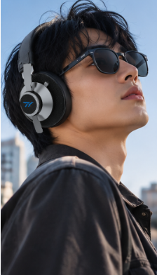 Model wearing black and silver TY Hybrid ANC Business headphones outdoors