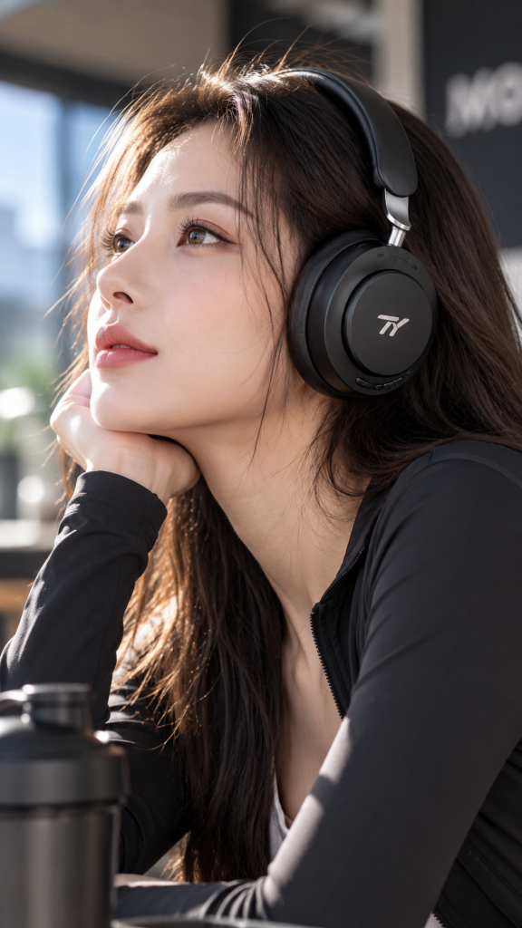 Woman wearing black TY Flagship ANC Style 1 headphones indoors