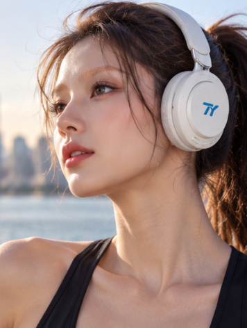 Woman wearing white TY Flagship ANC Style 1 headphones by the waterfront
