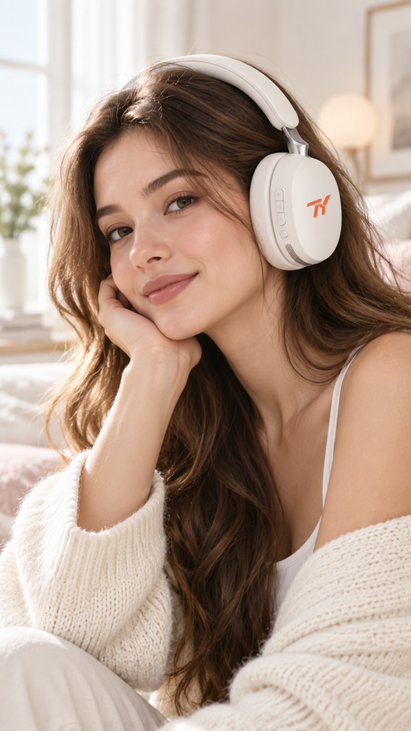 Woman wearing white TY Flagship ANC Style 2 headphones at home