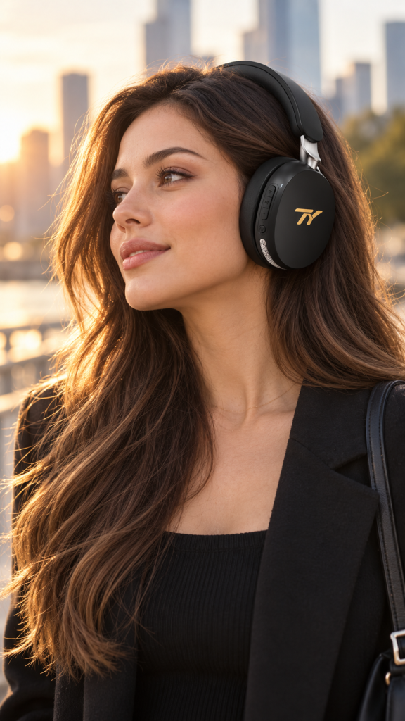 Woman wearing black TY Flagship ANC Style 2 headphones outdoors at sunset