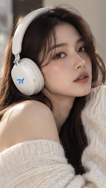 Woman wearing white TY Flagship ANC Style 2pro headphones indoors