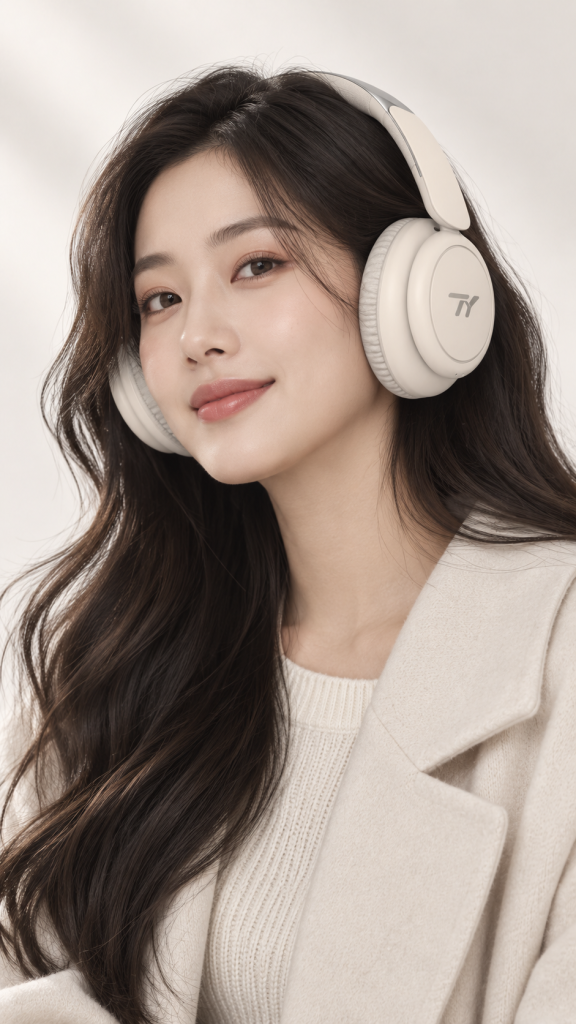 Model wearing ivory TY Foldable ANC Style 1 headphones indoors