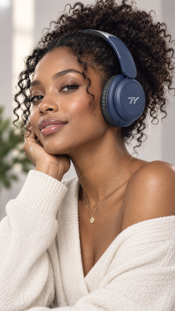 Model wearing navy TY Foldable ANC Style 1 headphones indoors