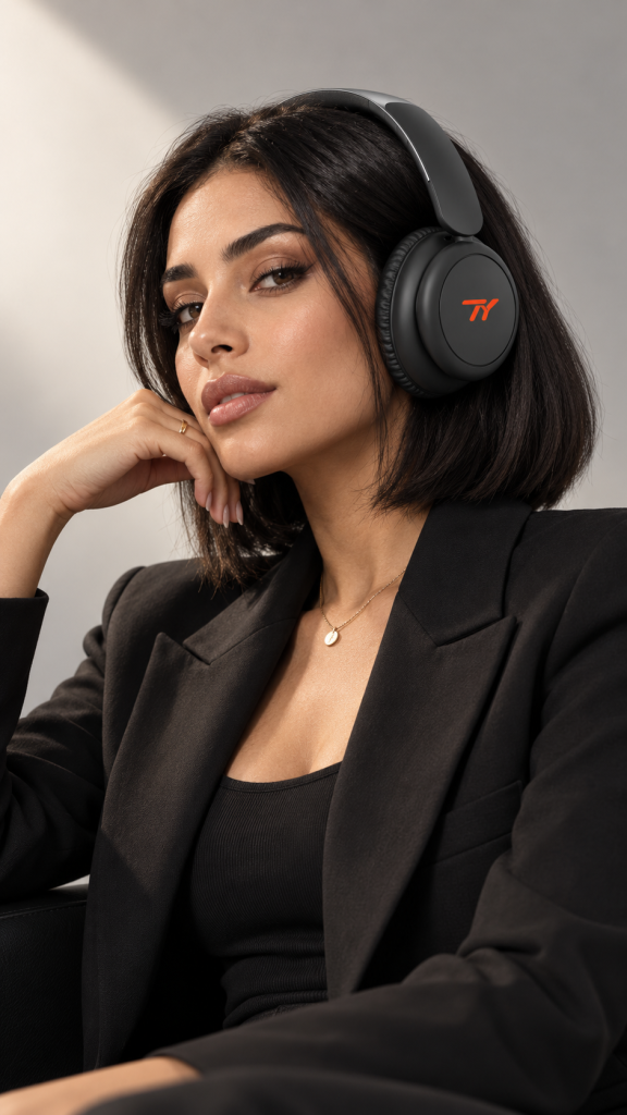 Model wearing black TY Foldable ANC Style 2 headphones with red logo accents