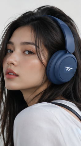 Model wearing navy TY Foldable ANC Style 2 headphones indoors
