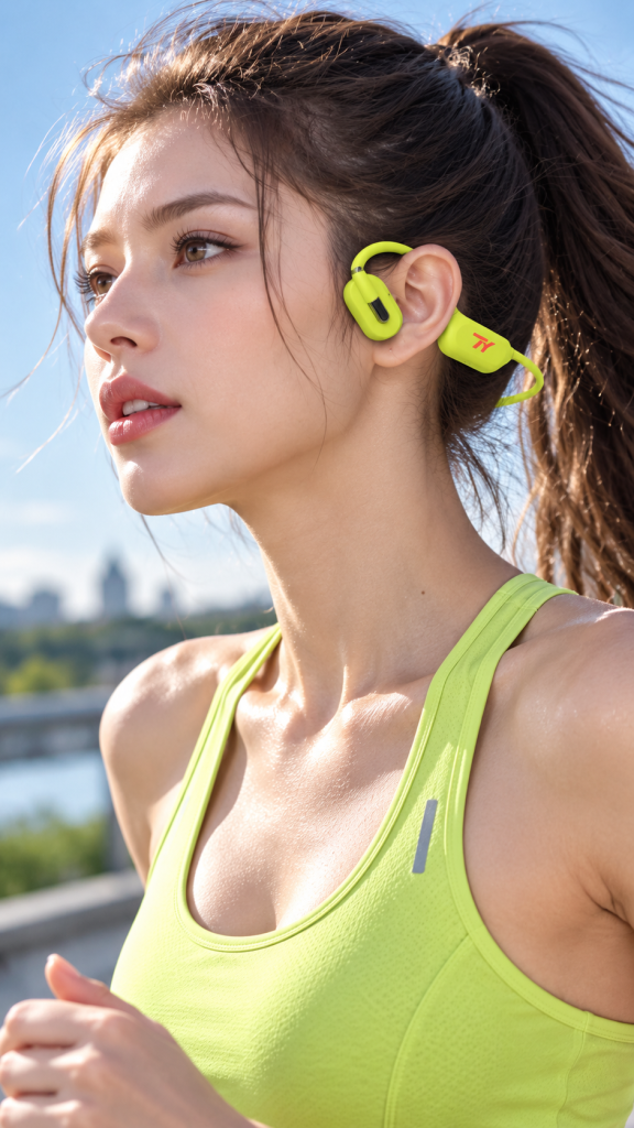 Woman running in lime green TY Bone Conduction Style 2