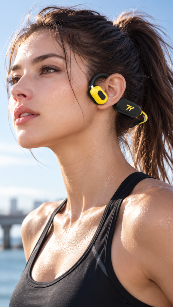 Woman wearing black and yellow TY Bone Conduction Style 3 by the waterfront
