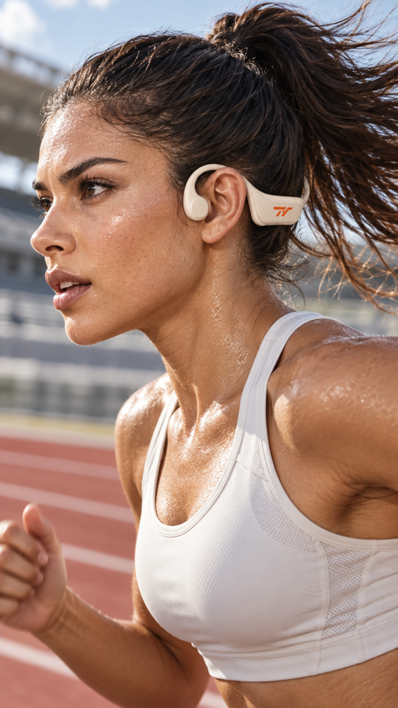 Woman running on a track in beige TY Bone Conduction Style 4