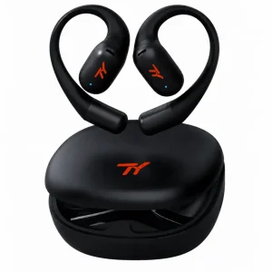 Black TY OWS Open-Ear earbuds with an open charging case