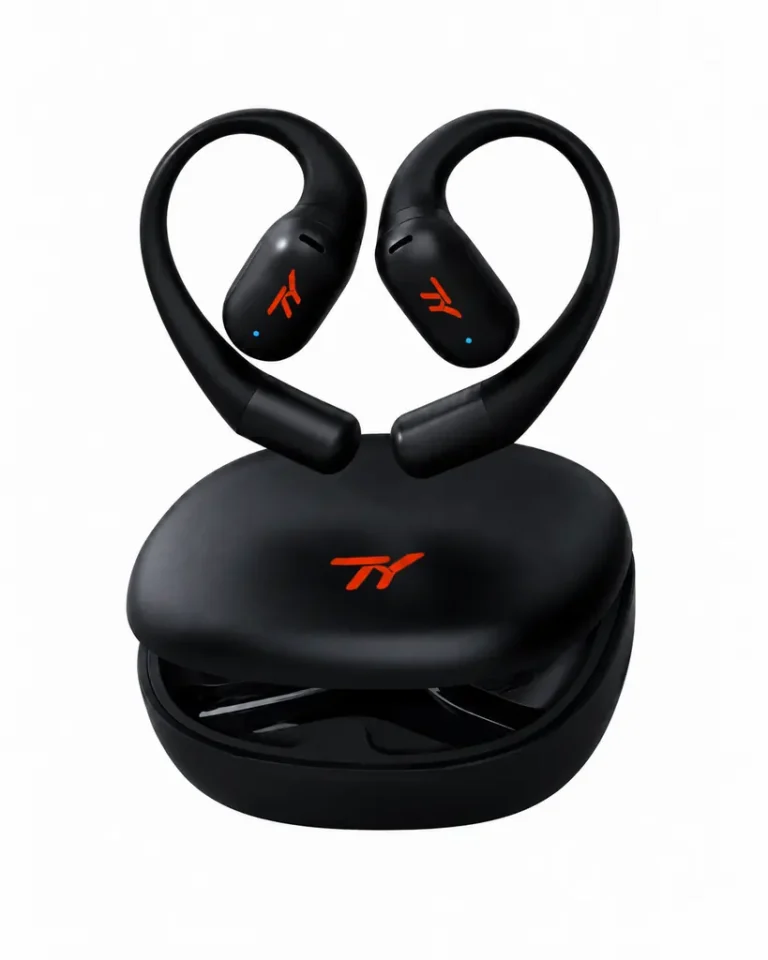 Black TY OWS Open-Ear earbuds with an open charging case
