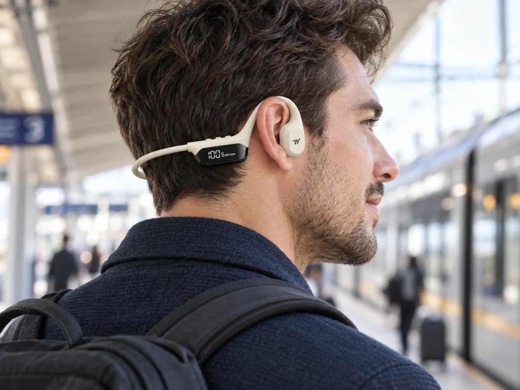 Commuter wearing ivory TY Display-Led Bone Conduction headphones at a train station