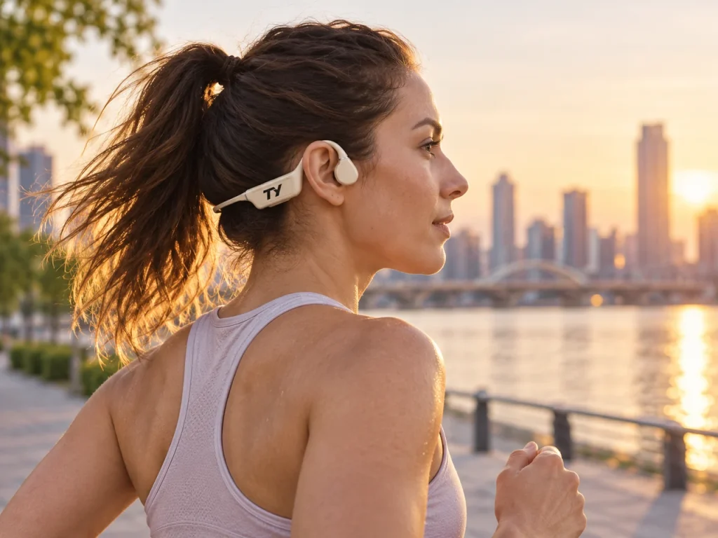 Runner wearing ivory TY Disc Bone Conduction headphones beside the city waterfront
