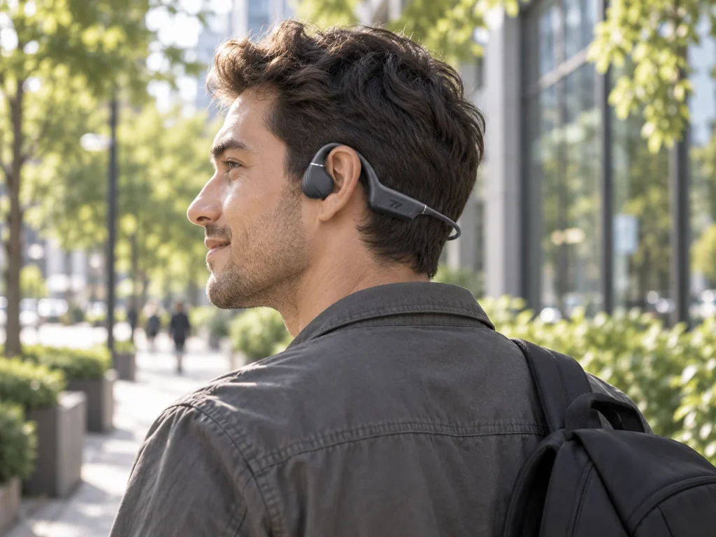 Commuter wearing graphite TY Ripple Bone Conduction headphones on a city walk