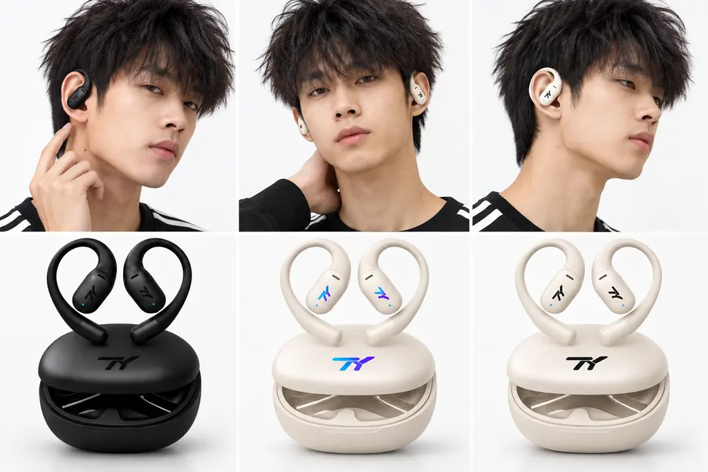 Man wearing TY OWS Open-Ear earbuds beside the colour and charging case lineup
