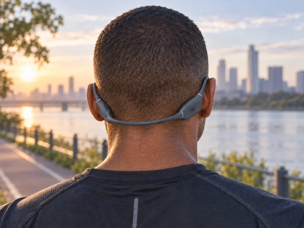 Runner wearing graphite TY Multi-Sport Bone Conduction headphones beside the water