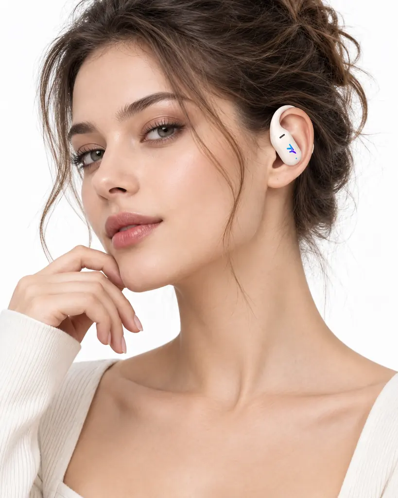 Woman wearing champagne TY OWS Open-Ear earbuds